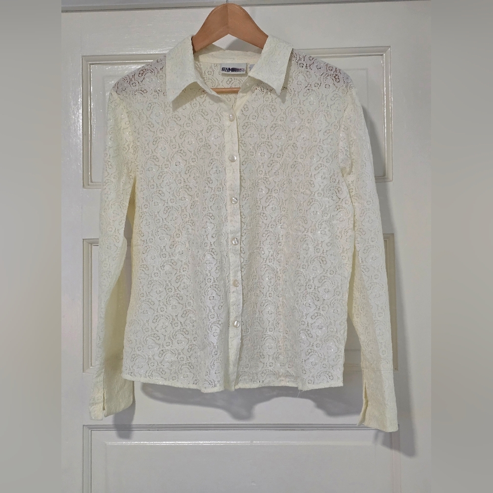 Faded Glory Cream Lace Button-Up Blouse